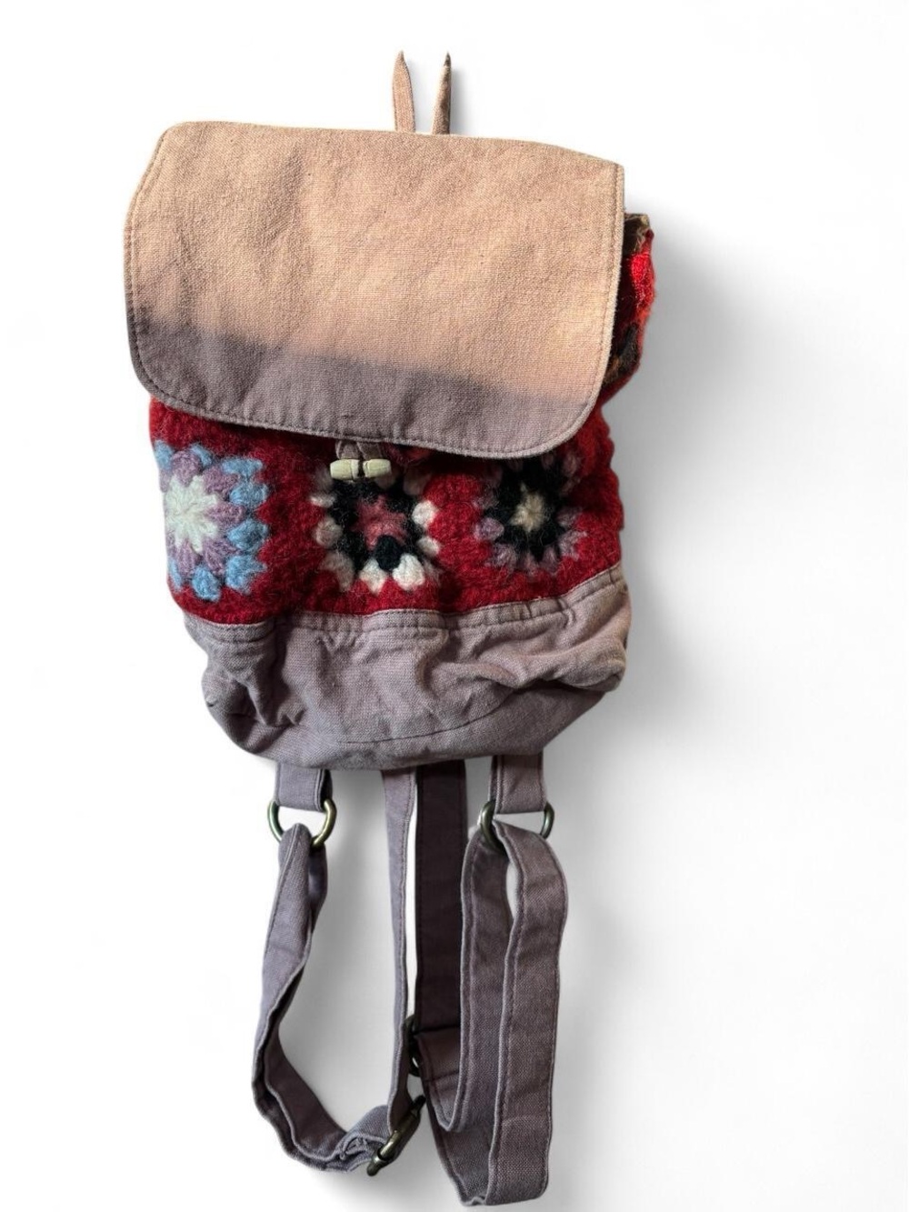 Earthbound Trading Company Crochet Accent Canvas Backpack in Red & Gray